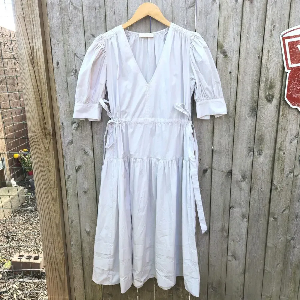 Ulla Johnson Imani Dress in Dove Taupe V-Neck Tiered Midi Dress Side Tie Sz 2 - Picture 2 of 8